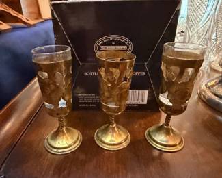 Silver and Brass Goblets with Bottle Stopper Set