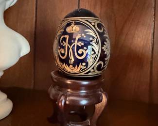 Decorative Painted Egg Gold Scrollwork on Wooden Stand