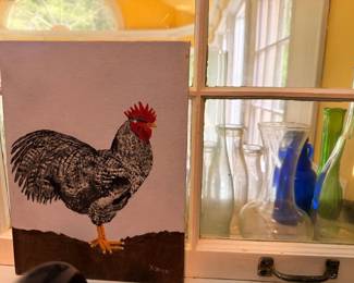 Framed Rooster Painting Colored Glass Vases Green Blue Art Country Decor