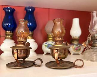 Cobalt Blue Glass Oil Lamps Copper Finger Lamps Brass Milk Glass Antique