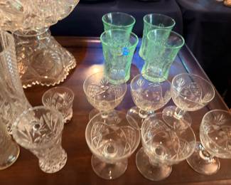 Green Vaseline Glass Tumblers and Crystal Stemware Collection