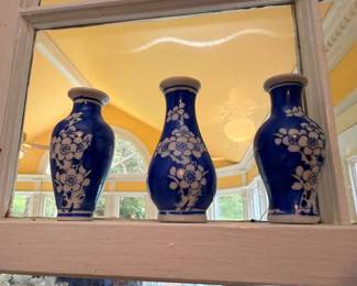 Blue White Chinese Prunus Blossom Vases Set of Three Porcelain