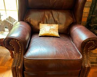 Brown Leather Recliner Chair Nailhead Trim Decorative Pillow