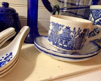 Blue Willow Cup Saucer Cobalt Glass Transferware Porcelain China