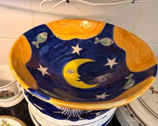 Hand Painted Ceramic Bowl Moon Stars Fish Folk Art Colorful Pottery