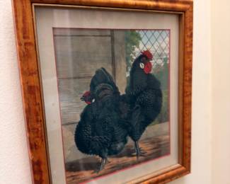 Framed Rooster Painting Print Gold Wood Frame Country Art