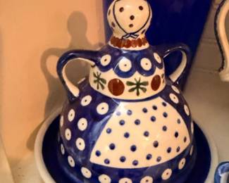 Polish Boleslawiec Pottery Teapot Figurine Polka Dot Cobalt Blue Pitcher