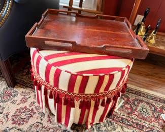 Red Cream Striped Ottoman Footstool Fringe Wood Tray Oriental Rug