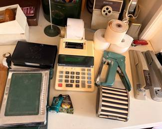 Vintage Office Supplies Calculator Stapler Pencil Sharpener Tape Film Reel Lot