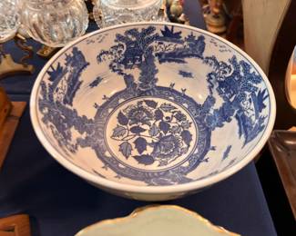 Large Blue and White Transferware Bowl Floral Pattern