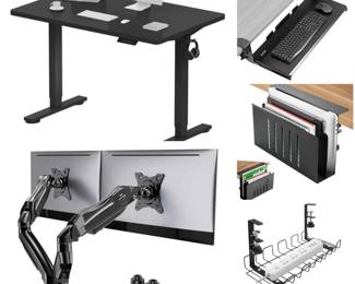 Electric height adjustable standing desk with accessories (adjustable dual monitor mount, keyboard tray, shelf/organizer, cable tray).