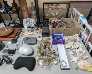 Misc. items, coral, costume jewelry, head massager, phone mounts, Japanese art, personal fan, wood trays, and more.