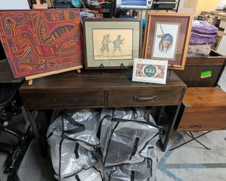 Native American art, entry table, 4 large bags of women's clothes, vintage MCM writing desk with stand.