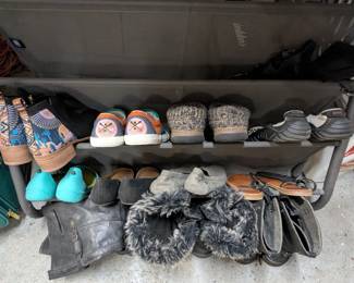 Women's shoes, sandals, boots (sizes 6.5, 7, 7.5), shoe storage rack.