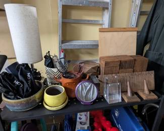 Misc. jewelry displays, ceramic pots and planters, touch lamp, sunglasses.
