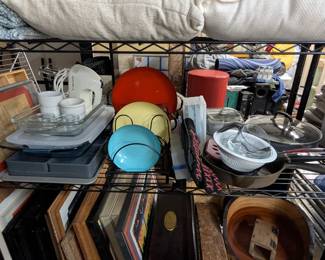 Misc. dishes, cooking trays, pots and pans, kitchen cabinet/shelf organizers, and more.