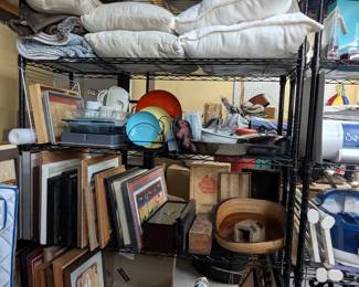 Huge body pillow, Aztec/Mayan leather decor, decorative pillows, misc. dishes, pots and pans, Native American art, vintage wood bowls, trays, and displays.