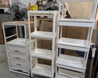 Rolling shelving carts, craft shelf with drawers.