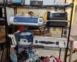 Pillows, dog bed, misc. personal health and well-being items, Ninja air fryer, Sizzix Eclips2, mobility wall back massager, foot spa, dog supplies, dog clothes, leashes, lifejackets, fitness equipment, and more.