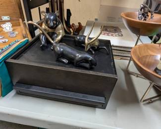 Small jewelry box, Loet Vanderveen bronze sculptures, art, misc. fabric squares, and more.