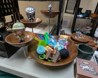 MCM tiered wood bowl, toys, Loet Vanderveen bronze sculptures, coasters, wood trays, and more.