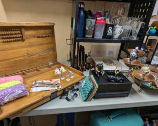 Vintage abacus kid's table, small jewelry box, Loet Vanderveen bronze sculptures, bottles, cups, glasses, mugs, art, and more.