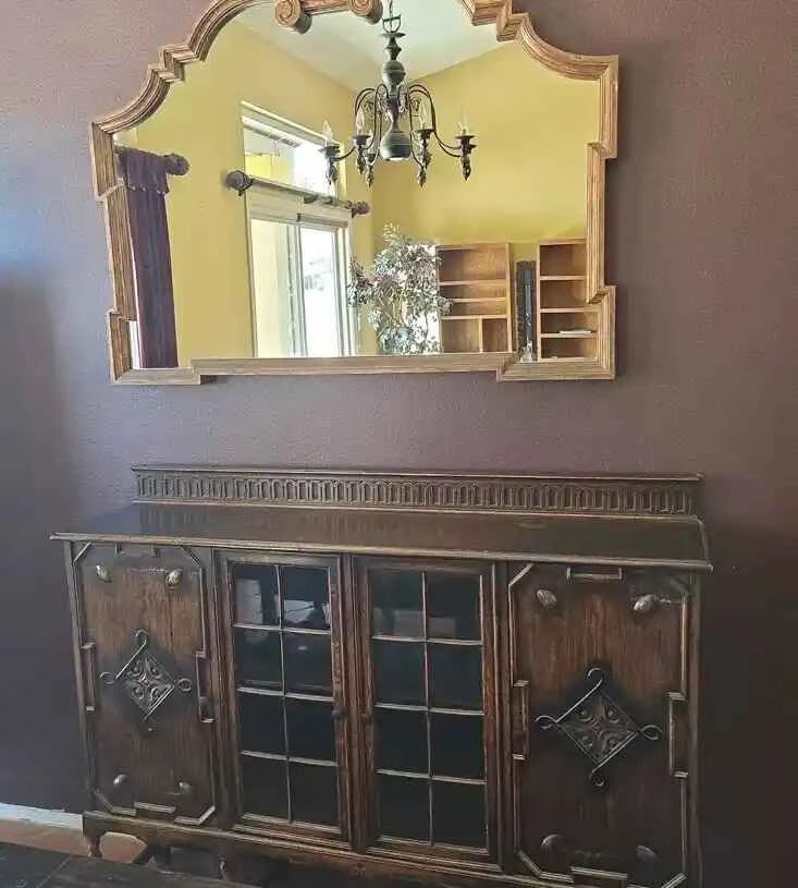 HY106VAntique Jacobean Style Bookcase Or Side Board And Wall Mirror Pickup in Fallbrook