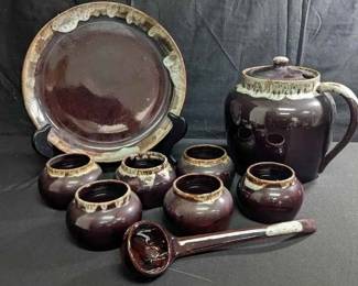 CT343Brown Drip Glaze Bean Pot  Cups With Serving Plate 