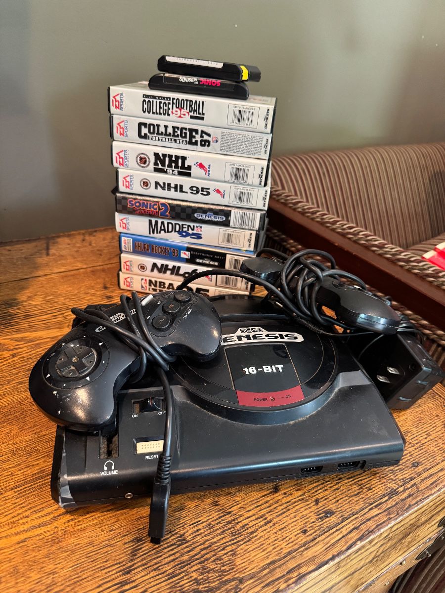 SEGA Genesis Console with Games: Bill Walsh College Football '95, College Football USA '97, NHL 94, NHL 95, Sonic the Hedgehog 2, Madden 95, NHLPA Hockey '93, NHL '96, NBA LIVE '95, F-22 Interceptor, Sonic the Hedgehog 