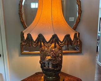 Antique Japanese Satsuma Figural Ceramic Vase Lamp with Brass Base