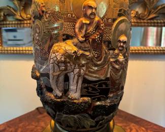 Antique Japanese Satsuma Figural Ceramic Vase Lamp with Brass Base