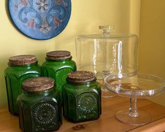 1960’s Wheaton green glass canisters, “Daisy”