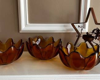 Blenko (?) amber glass lotus bowls