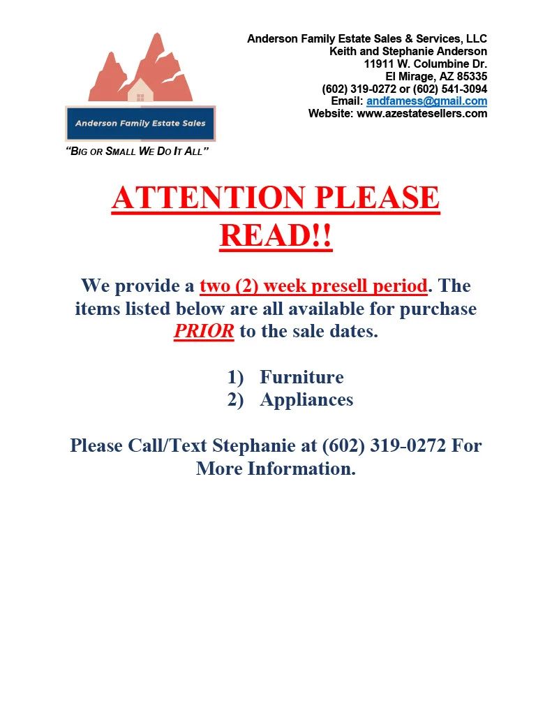 PRESELL NOTICE furniture appliance