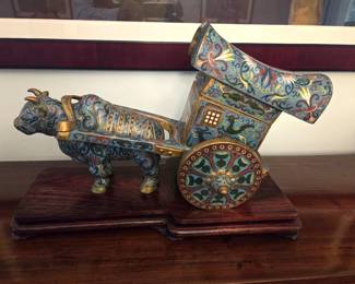 Unusual  Cloisonne ox cart with menorah detail