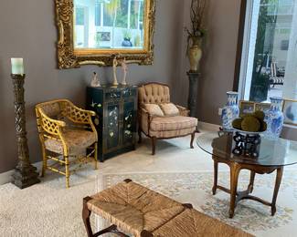 Yes, even the massive heavy mirror is for sale! The yellow chair was vintage already and then was refinished by an artist. It is a one of kind piece 