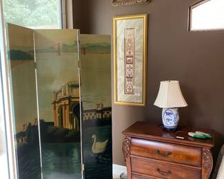 Double sided room divider, side table and vintage Chinese pillow style lamp
