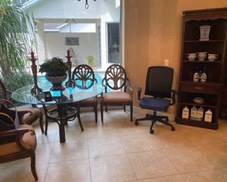 Gorgeous dining room set. Each one of these chairs retails for over $900. Office chair, corner curio and decor