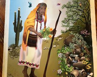 Print by Linda Piman depicting a Native American woman in a desert landscape.