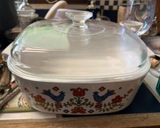 Vintage Corning Ware "Country Festival" pattern casserole dish with lid.