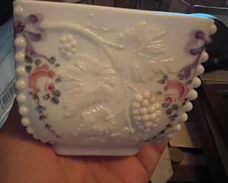 Westmoreland milk glass paneled grape bowl with hand-painted floral decoration.