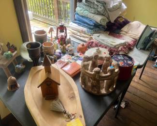Wooden bowl, bird houses, pottery, collectibles, and sheet sets
