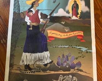 A Mexican folk art print depicting a woman with a rifle and child.