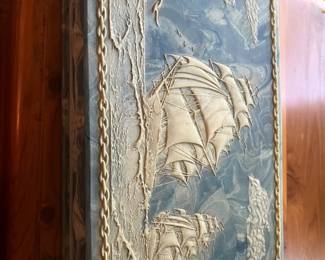 This is a handcrafted Incolay Stone decorative box with a tall ships motif.