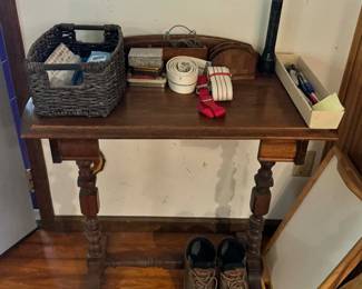 Antique French Louis XIII style drop-leaf console table with turned legs.
