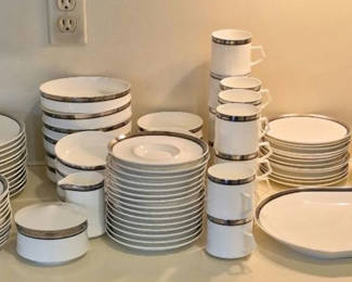 Lot 21: Mikasa Bone China Set - "Solitude" Pattern - Elegant Silver & White
