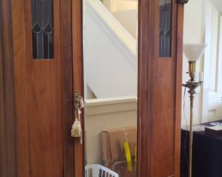 Antique Art Nouveau Wardrobe Armoire with Mirror and Stained Glass