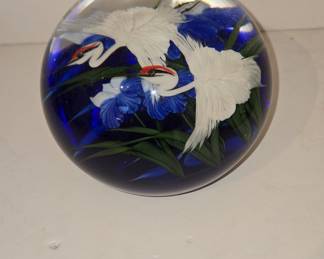Daniel Salazar Lundberg Studios Art Glass Paperweight and Box Set - White Crane and Iris