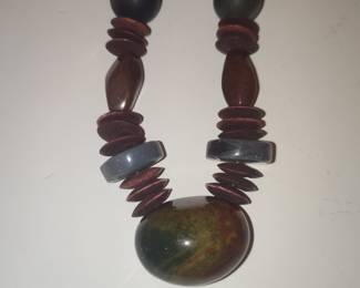 Bohemian Wood and Stone Beaded Necklace with Jasper Pendant