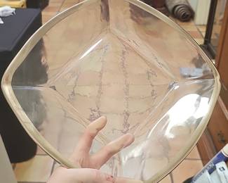 Vintage Clear Glass Candy Dish with Gold Rim and Diamond Pattern